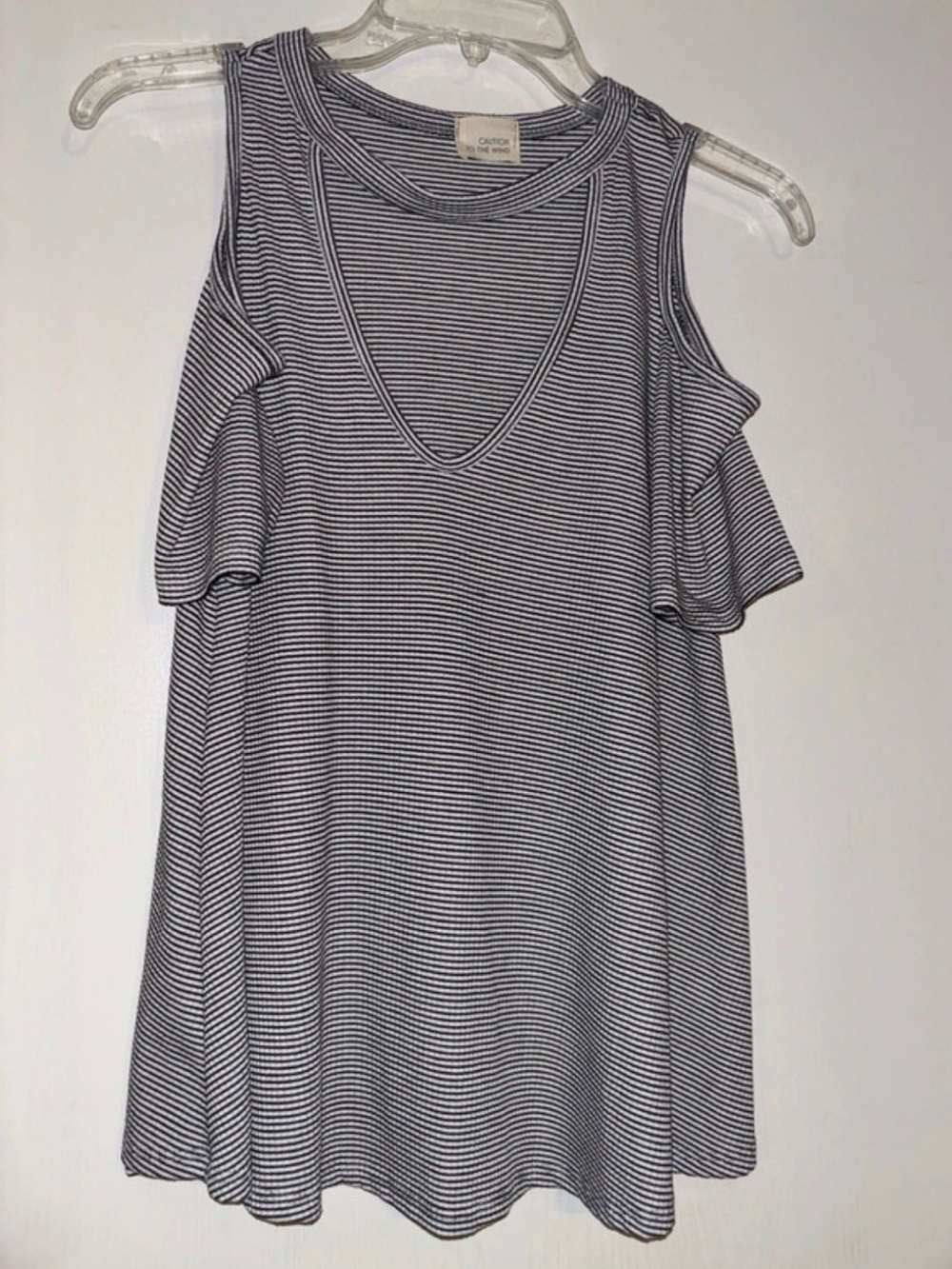 Caution To The Wind Black & White Striped Cold-Shoulder Swing Top
